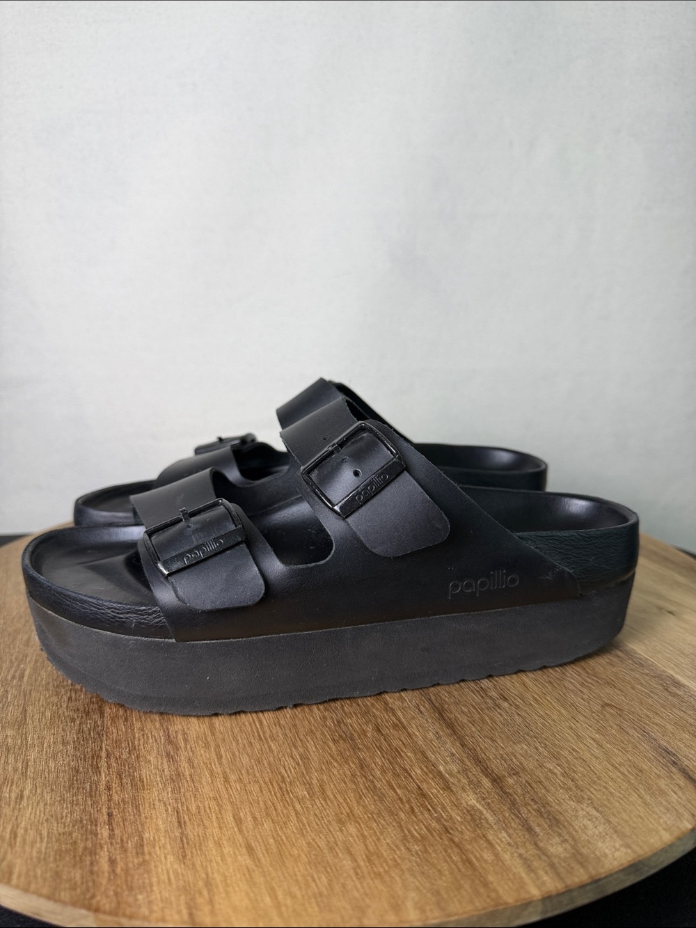 Papillio Black Two-Buckle Platform Slide Sandal